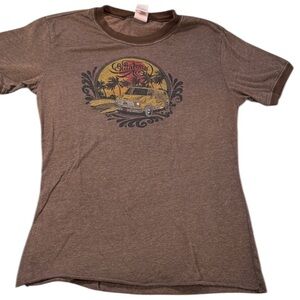 Y2K Billabong Surf Graphic Tee Retro Van Palm Trees Brown Ringer Made in USA